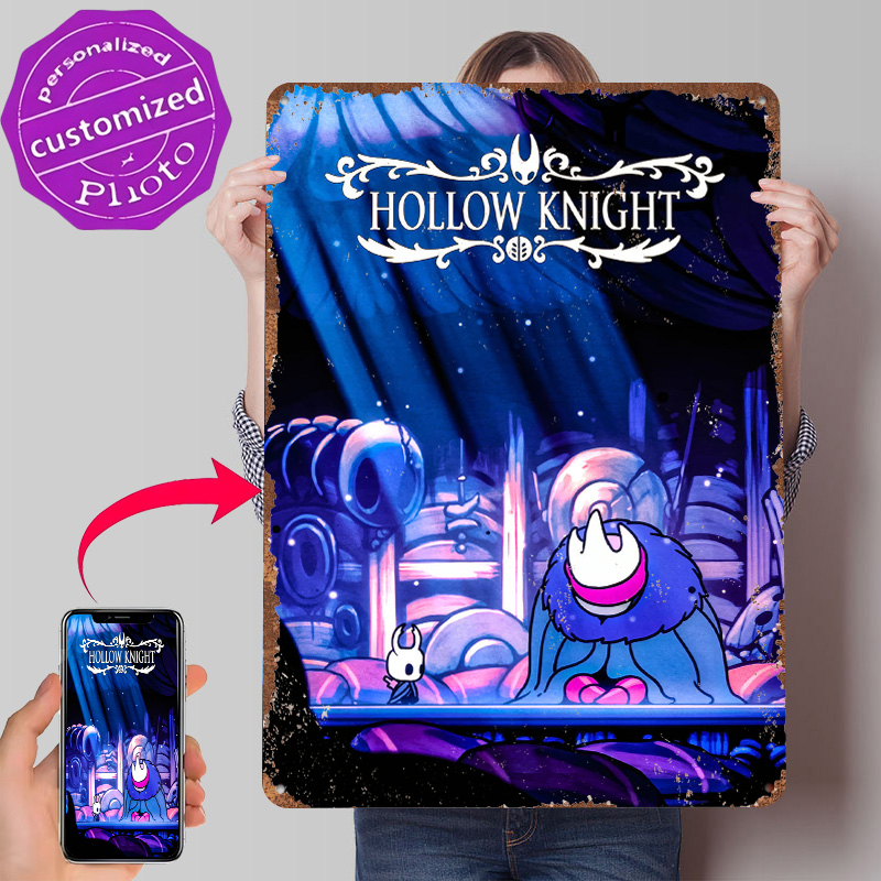Retro Knight Gaming - โปสเตอร์ภาพพิมพ์ลายเกม Hollow Knight งานศิลปะตกแต่งผนังแบบกำหนดเอง ป้ายโลหะวินเทจย้อนยุคสำหรับตกแต่งห้องแมนเคฟ ของสะสมสำหรับคนรักเกม