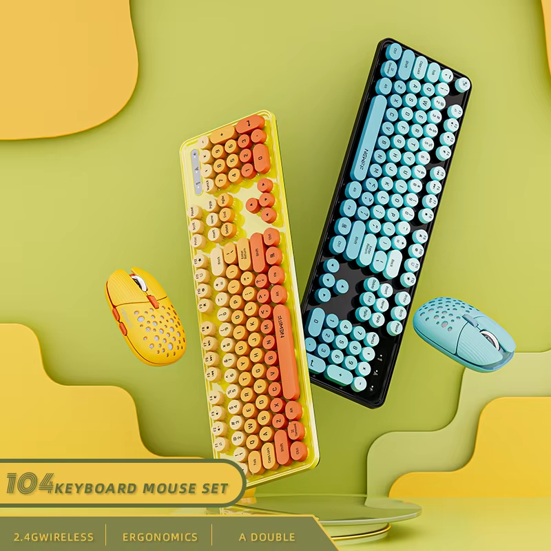 Retro Gaming Kc - คีย์บอร์ดและเมาส์เกมมิ่งไร้สาย 2.4G ดีไซน์ตามหลักสรีรศาสตร์ 104 ปุ่ม พร้อมคีย์แคปทรงกลมสไตล์เรโทรน่ารัก