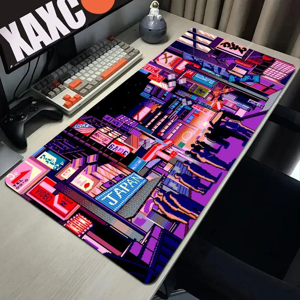 Retro Gaming Japan - แผ่นรองเมาส์ Retro Vaporwave HD ลายพิกเซลศิลปะถนนโตเกียวสีนีออน สีม่วง