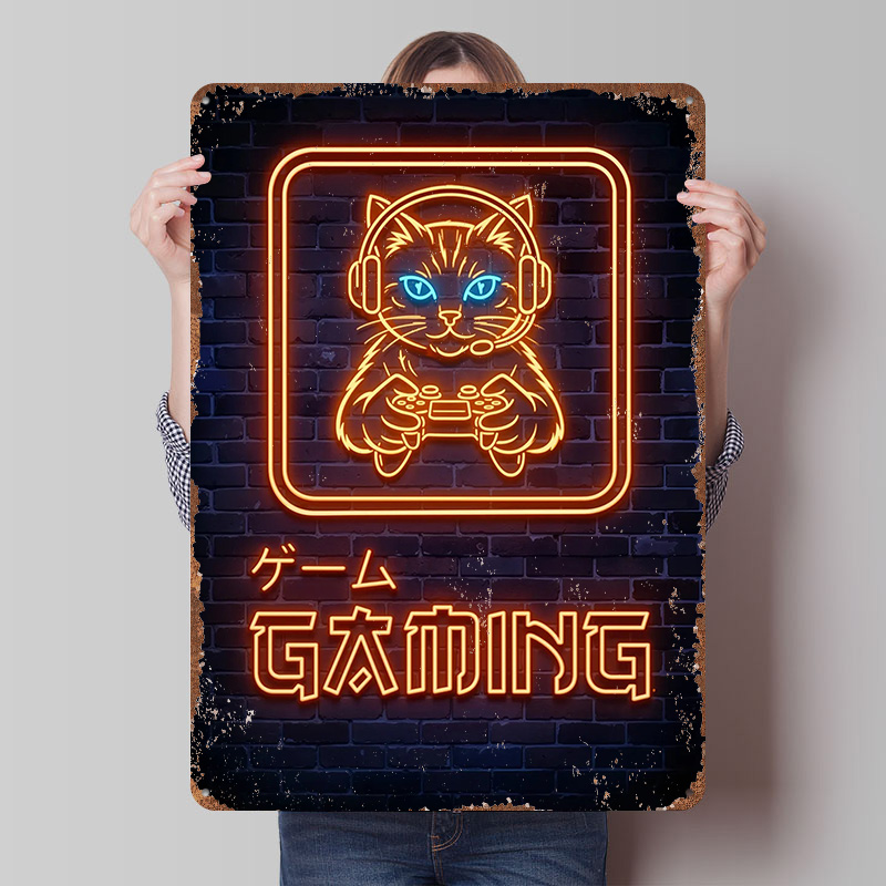 Retro Gaming At - โปสเตอร์พิมพ์ลายแมวเกมเมอร์นีออน งานศิลปะติดผนังแบบกำหนดเอง ป้ายโลหะวินเทจย้อนยุคสำหรับตกแต่งบ้าน ของตกแต่งบ้าน ร้านกาแฟ