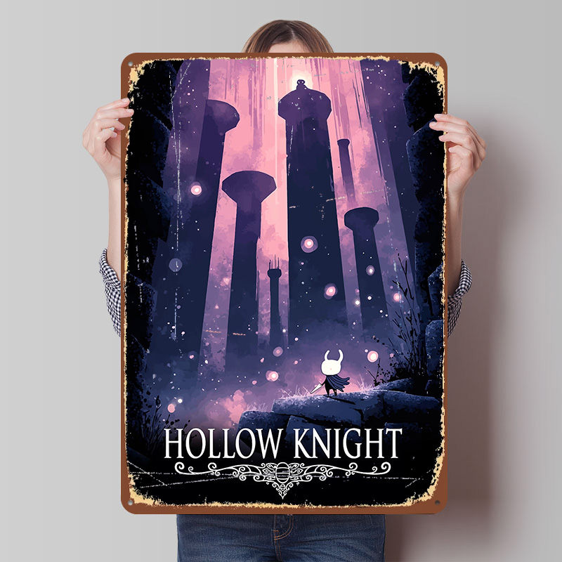 Retro Knight Gaming - โปสเตอร์เกม Hollow Knight แบบพิมพ์ลายตามสั่ง ศิลปะติดผนังสไตล์เรโทร ป้ายโลหะวินเทจสำหรับตกแต่งบ้าน