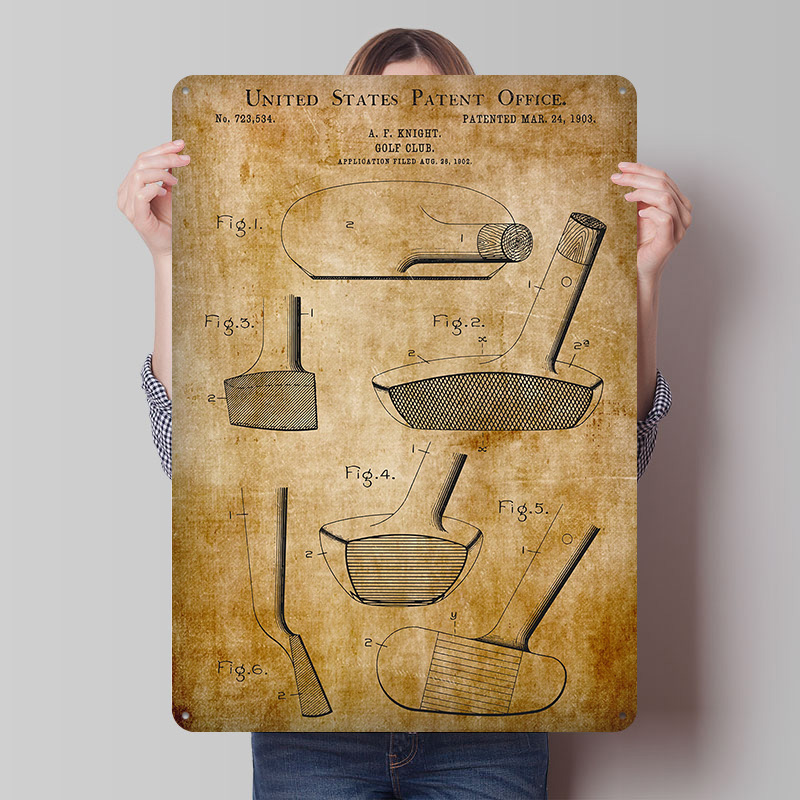 Retro Knight Gaming - ป้ายโลหะวินเทจแบบกำหนดเองลายโปสเตอร์ Patent Drawing Knights Golf Club