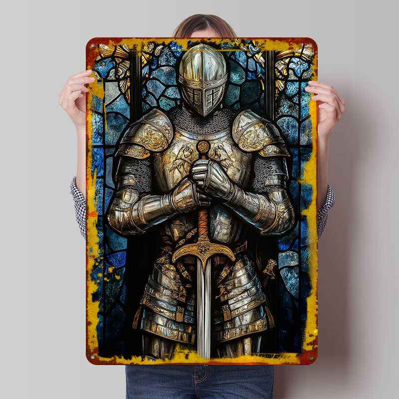 Retro Knight Gaming - ป้ายโลหะลายอัศวินในชุดเกราะวิบวับ โปสเตอร์ตกแต่งผนังแบบกำหนดเอง สไตล์เรโทร วินเทจ สำหรับตกแต่งห้องแมนเคฟ ห้องเล่นเกม