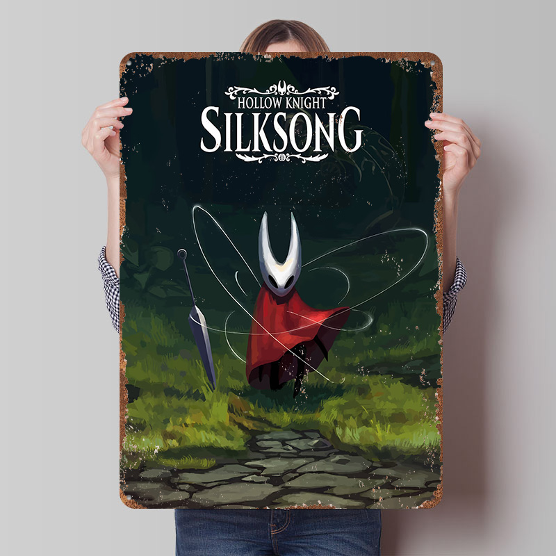 Retro Knight Gaming - Hollow Knight: Silksong โปสเตอร์งานศิลปะเกมบนแผ่นเหล็กเคลือบสี งานศิลปะติดผนังแบบกำหนดเอง ป้ายโลหะวินเทจย้อนยุคสำหรับตกแต่งห้องเล่นเกม